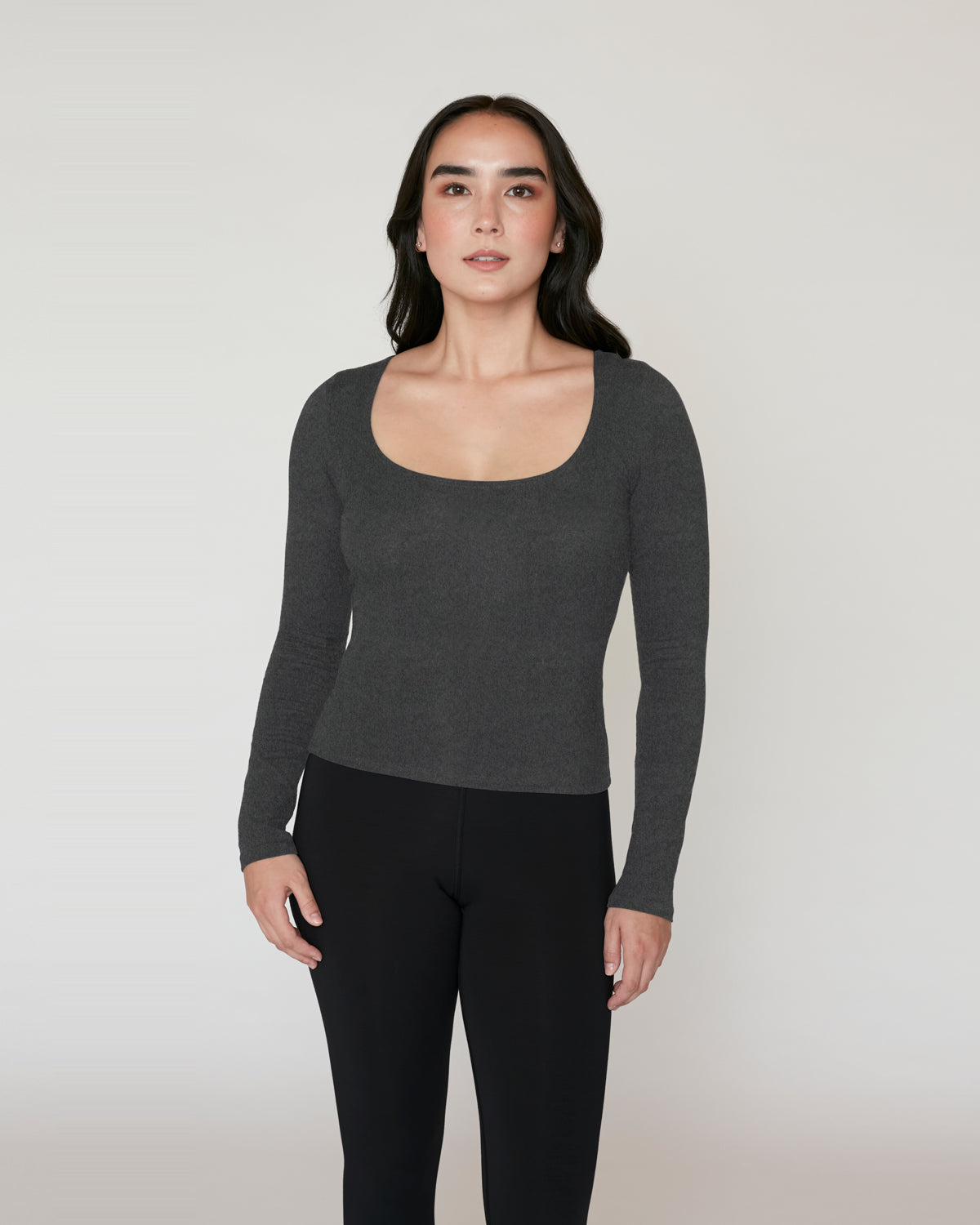 "#color_CHARCOAL| Emi is 5'7.5", wearing a size S