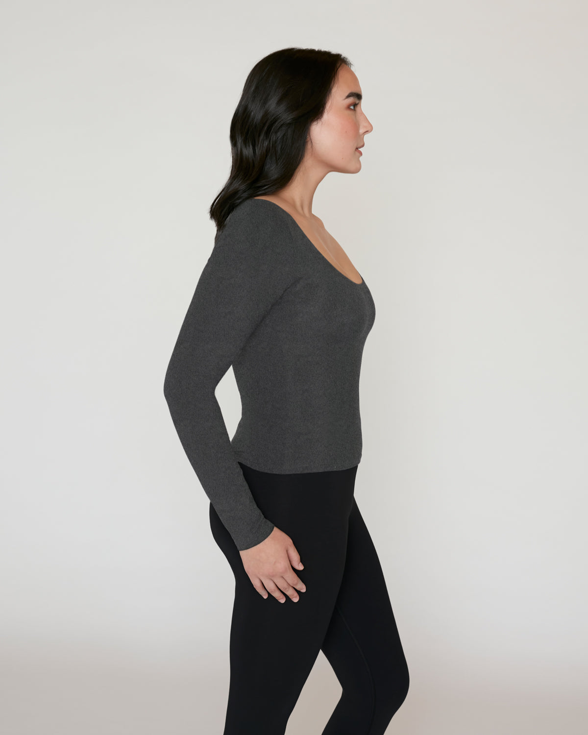 "#color_CHARCOAL| Emi is 5'7.5", wearing a size S