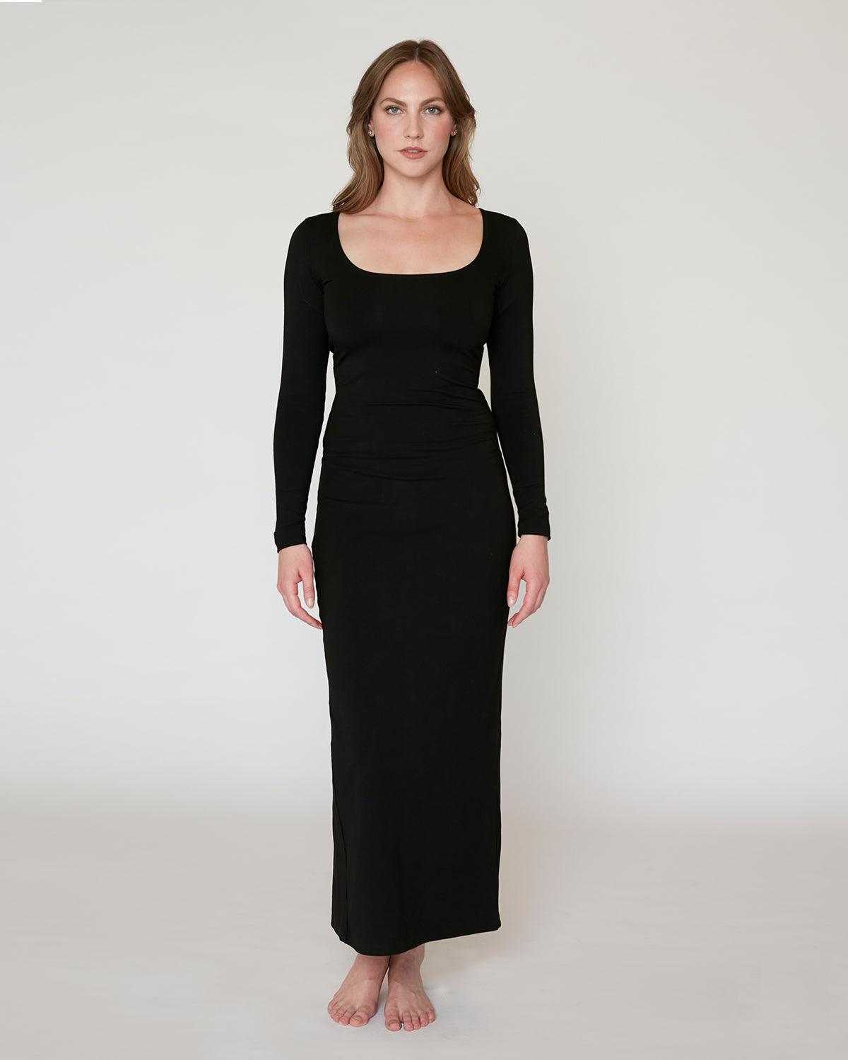 Black Square Neck Ruched Long Sleeve Midi Dress – AX Paris